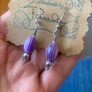 Handmade Purple&White Acrylic/Resin Beaded Dangle w/glass bead Earrings